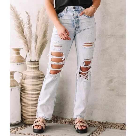 KanCan x Buckle 90's Distressed Boyfriend Jean In Acid Wash Blue Size 7/27 - Picture 1 of 10